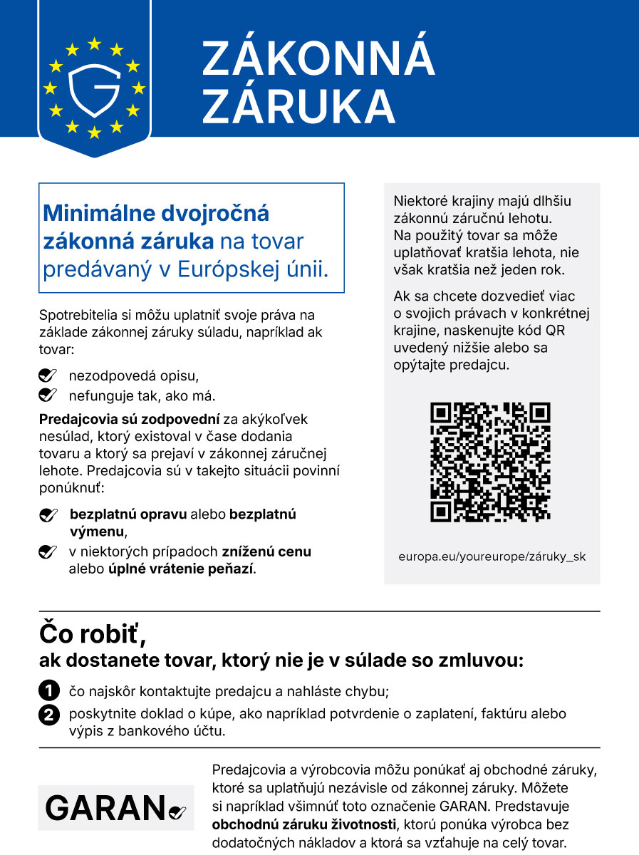 Zákonná záruka – minimálne dvojročná zákonná záruka na tovar predávaný v Európskej únii